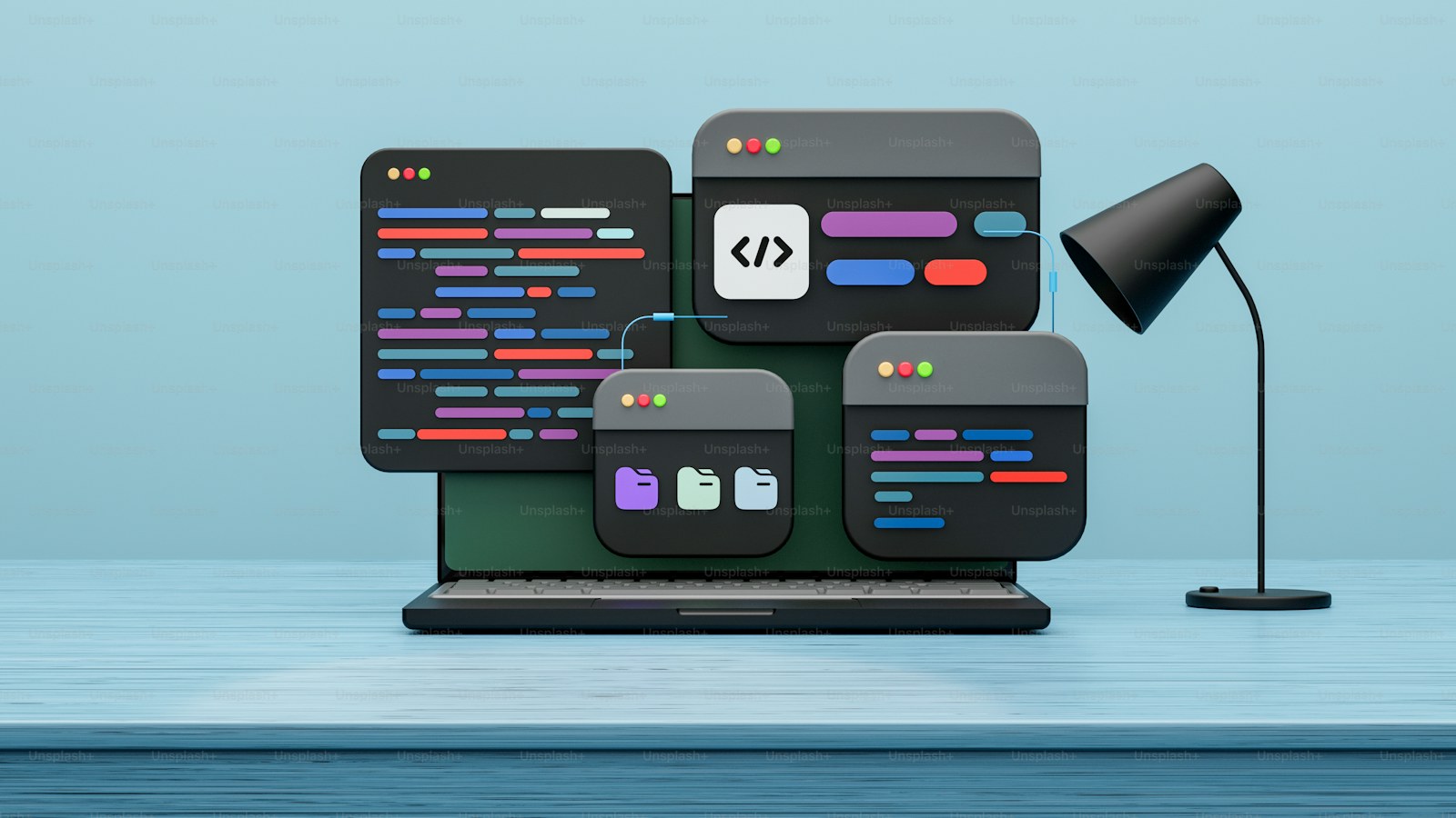 A laptop surrounded by floating application screens